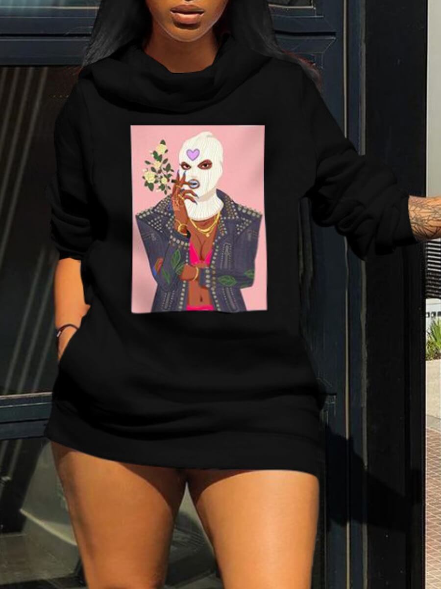 

Lovely Casual Hooded Collar Print Black Mini Plus Size Dress
