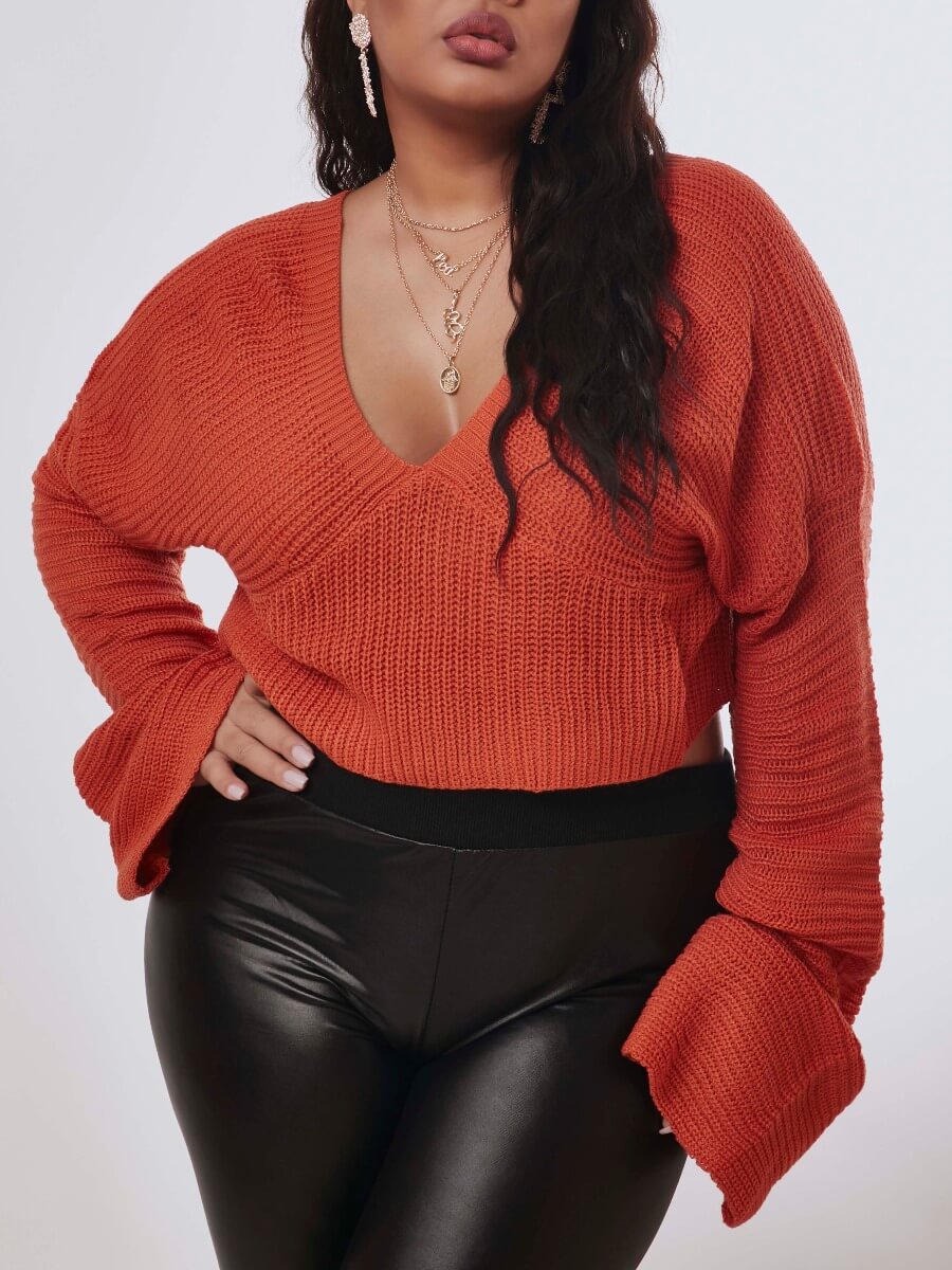 Lovely Casual V Neck Loose Orange Plus Size Sweater