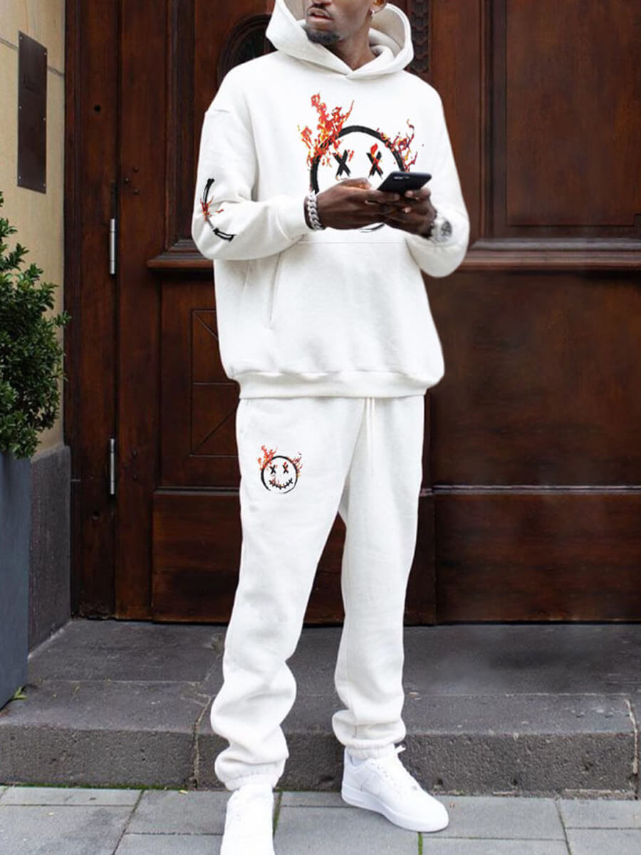 

LW Men Hooded Collar Letter Print Pants Set, White