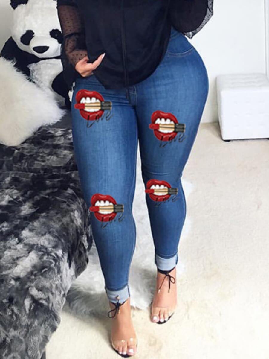 

Lovely Street High-waisted Lip Print Blue Jeans