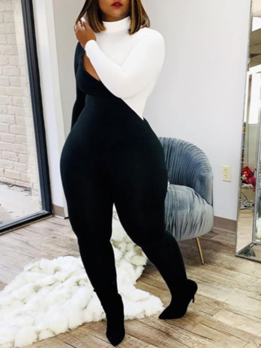 

Lovely Casual Turtleneck Patchwork Black Plus Size One-piece Jumpsuit