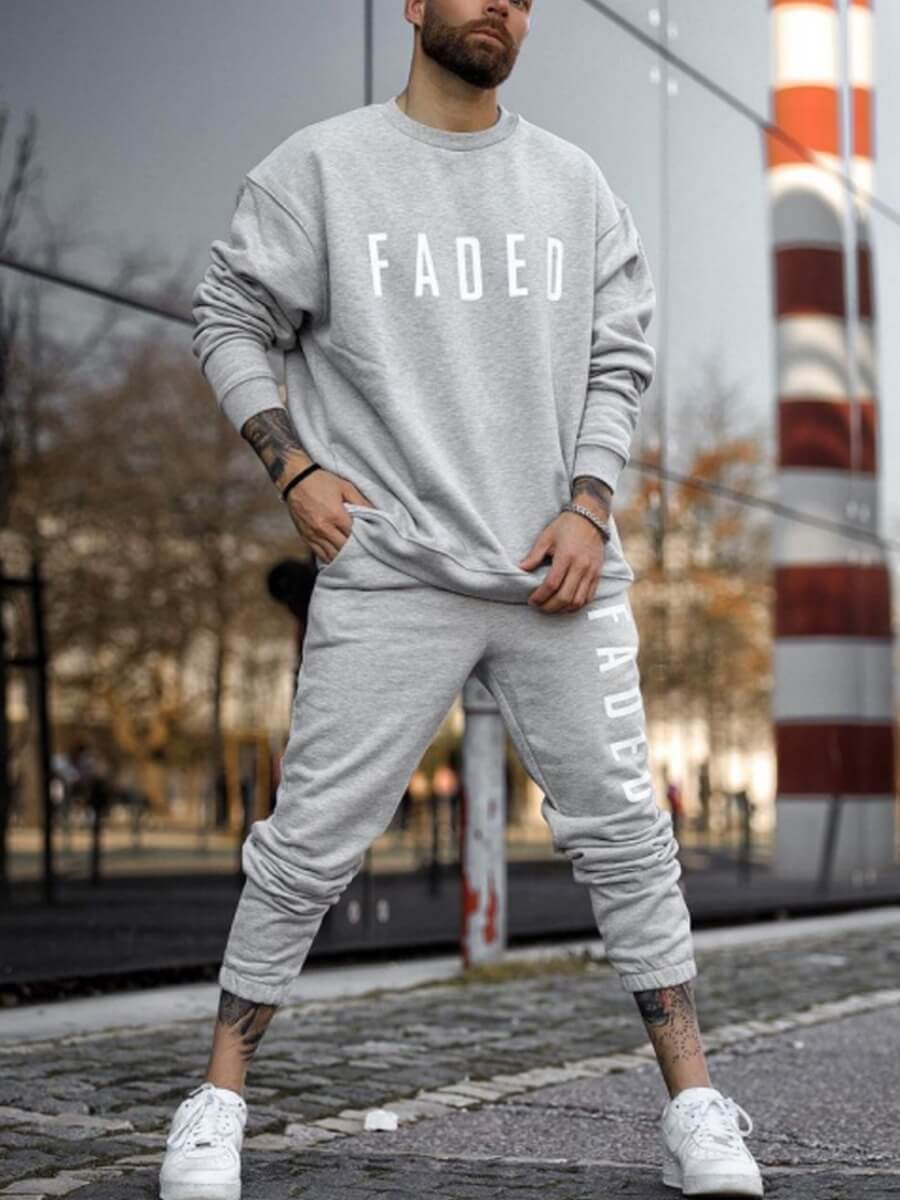 

LW Men O Neck Letter Print Light Pants Set, Light grey