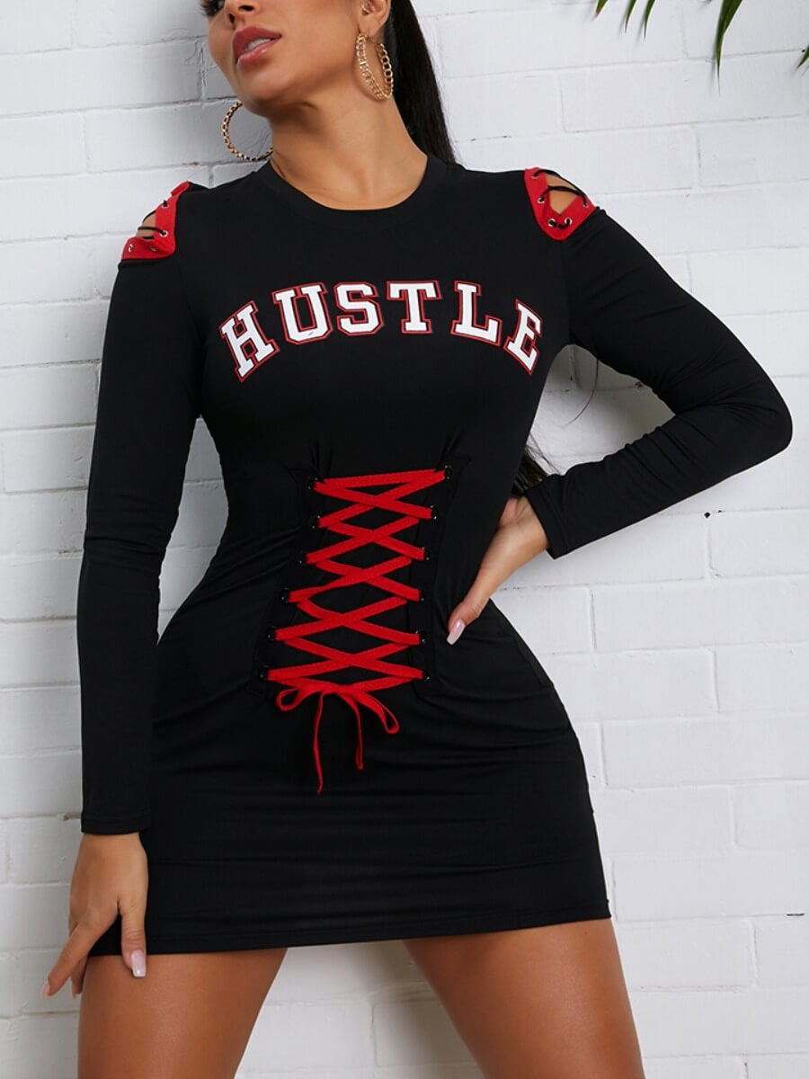 

LW Letter Print Bandage Design Dress, Black
