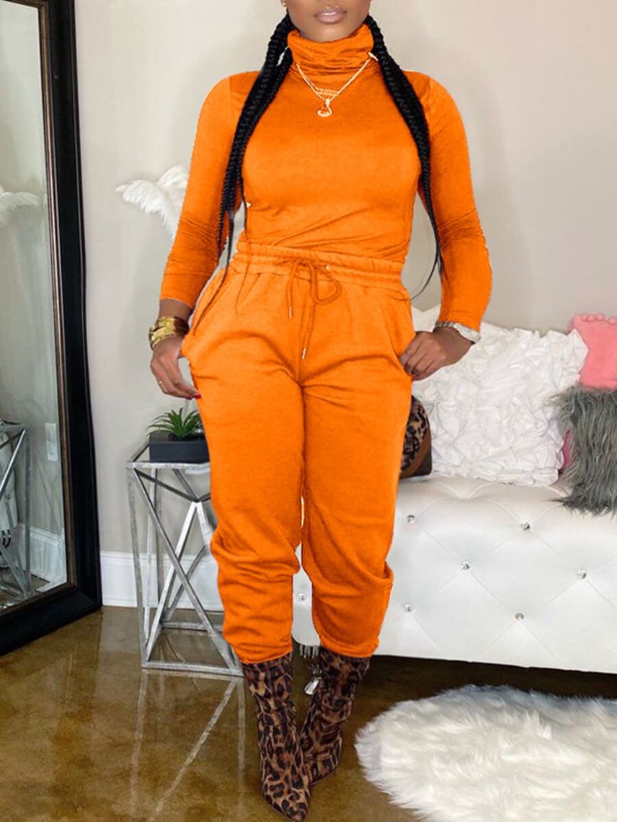 

Lovely Casual Turtleneck Drawstring Orange Two Piece Pants Set