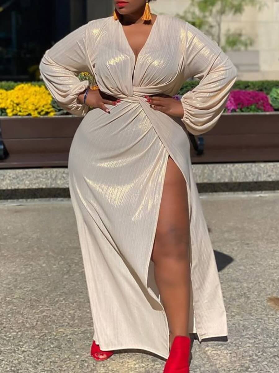 

Lovely Sexy Deep V Neck Side High Slit White Maxi Dress