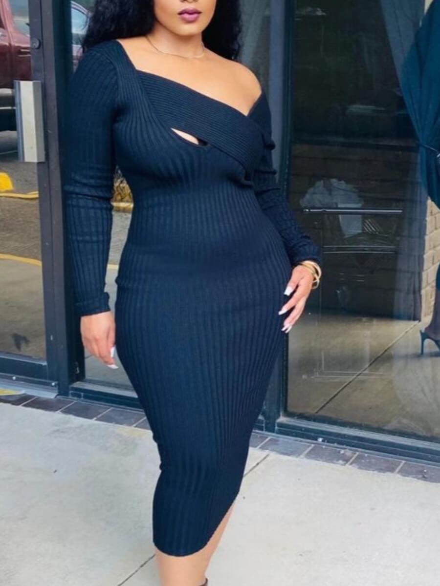 

Lovely Stylish Hollow-out Skinny Dark Blue Knee Length Dress