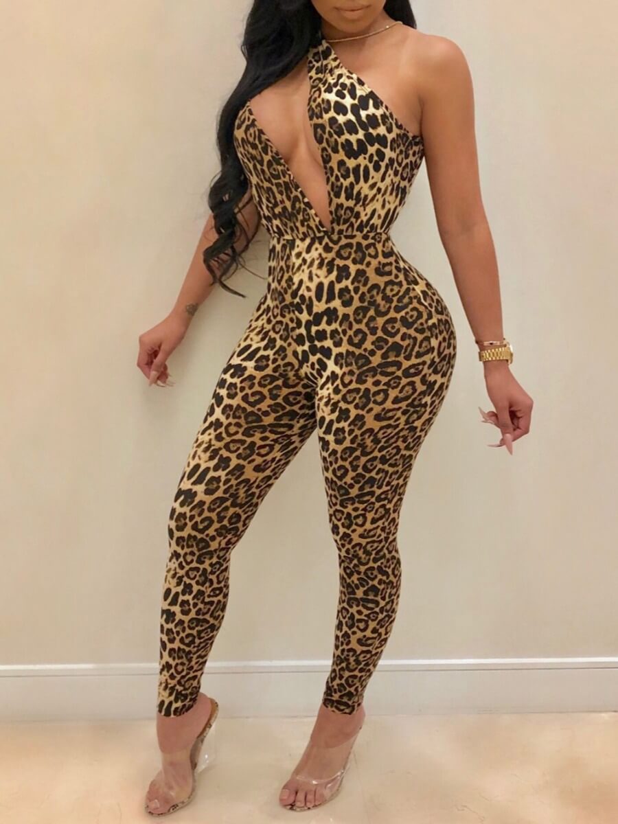 

LW SXY One Shoulder Leopard Print Hollow-out One-piece Jumpsuit