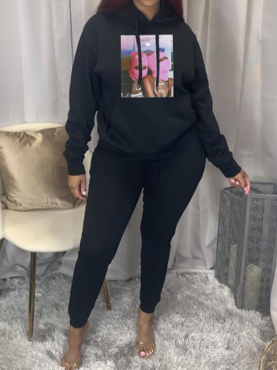 

Lovely Casual Hooded Collar Kangaroo Pocket Black Two-piece Pants Set
