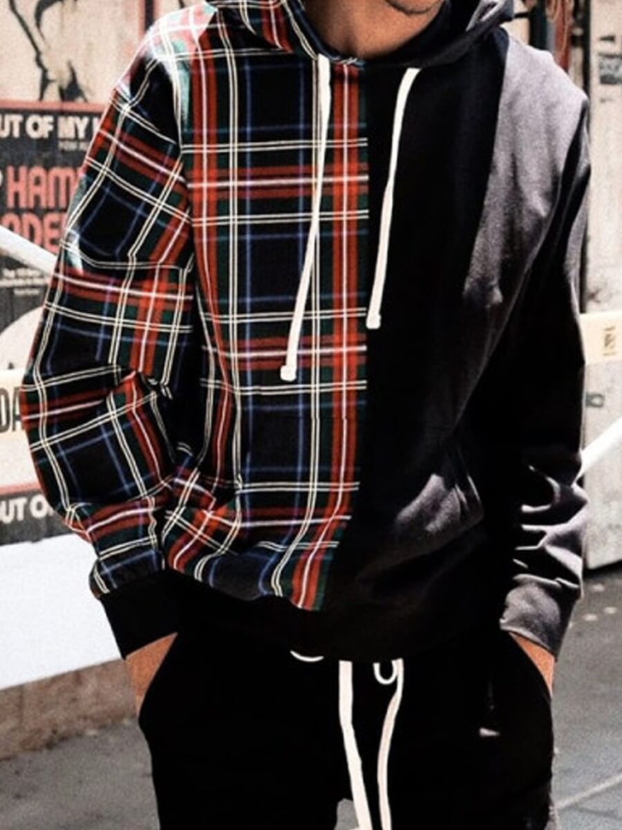 

LW Men Hooded Collar Grid Print Patchwork Hoodie, Black