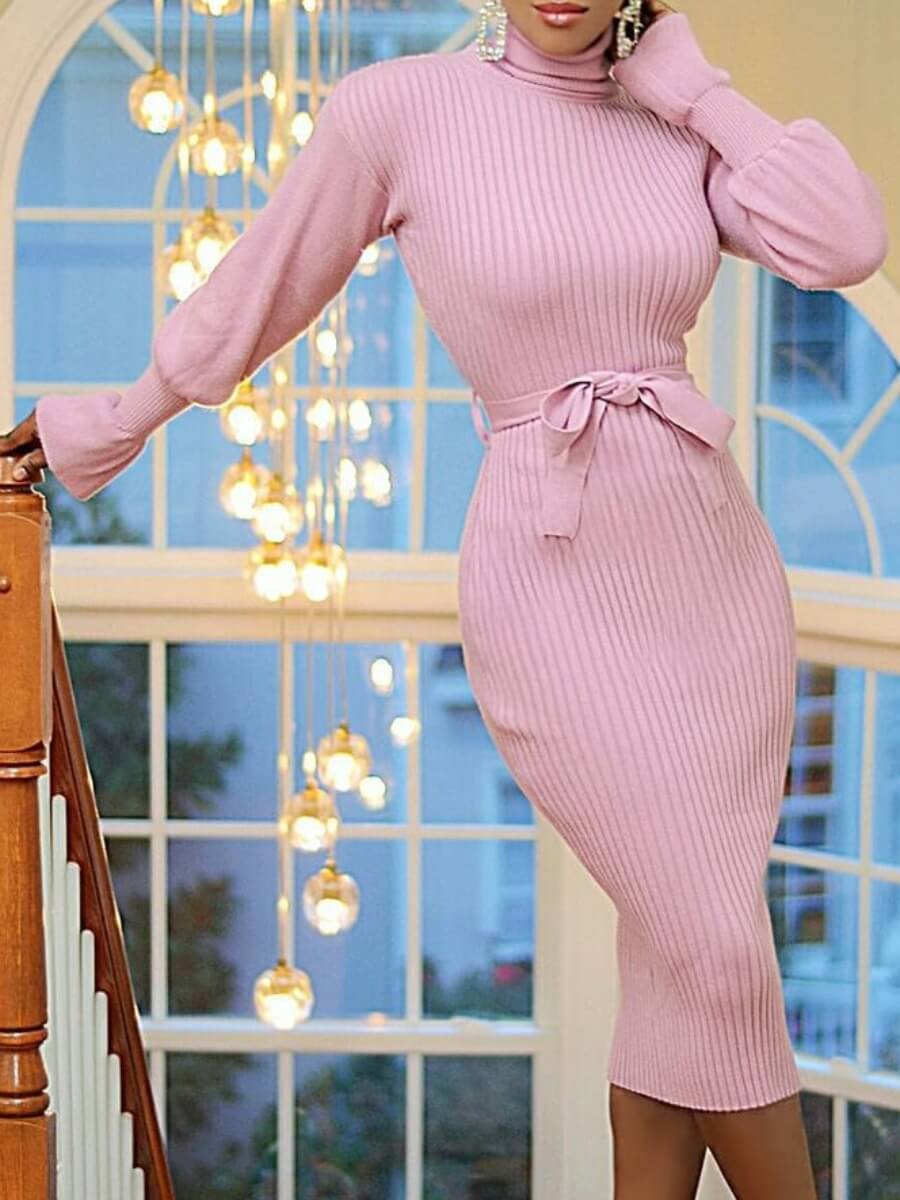 

Lovely Trendy Turtleneck Striped Pink Knee Length Dress