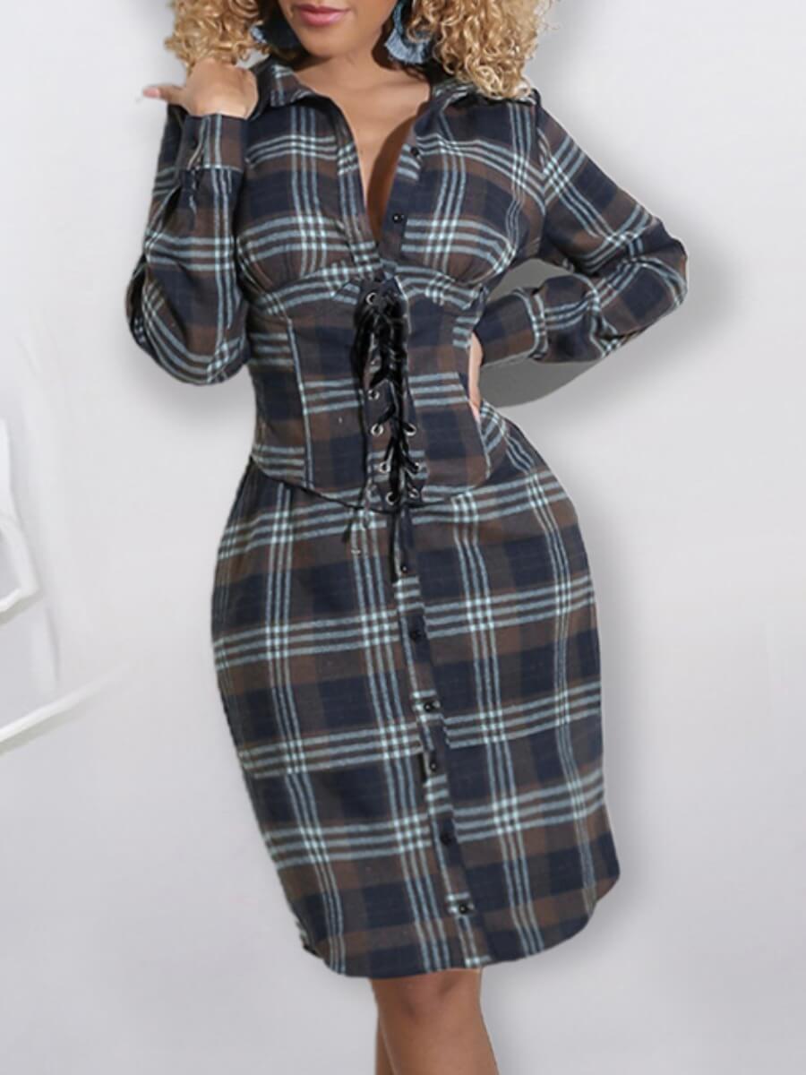 

Lovely Casual Turndown Collar Grid Print Blue Knee Length Dress