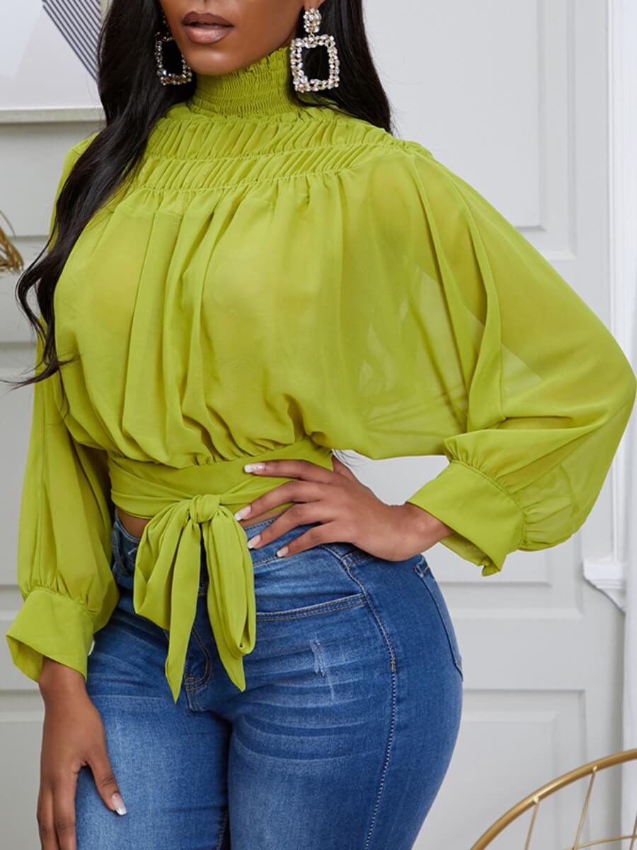 

Lovely Trendy Turtleneck Lace-up Green Blouse