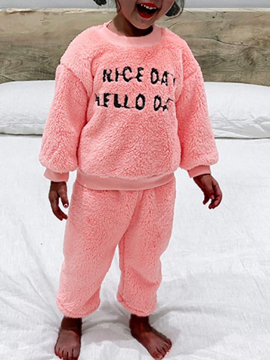 

Lovely Casual O Neck Letter Print Pink Girl Two-piece Pants Set