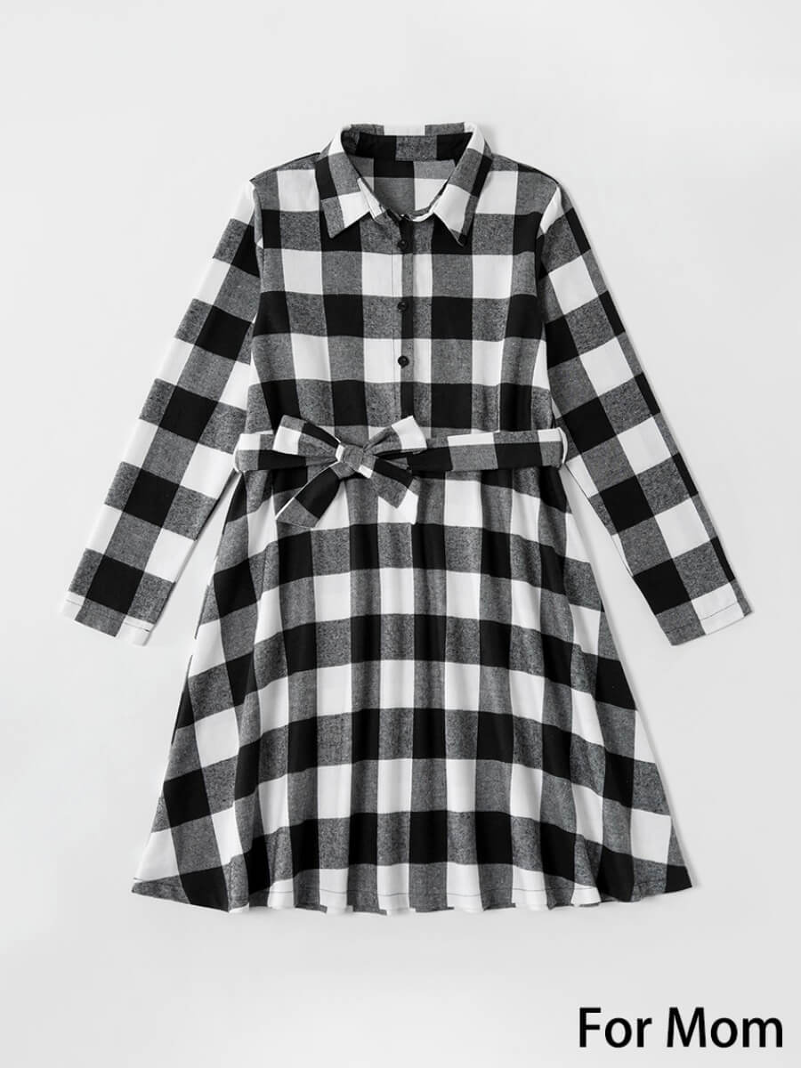 

Lovely Family Turndown Collar Grid Print Black And White Mom Dress, Women