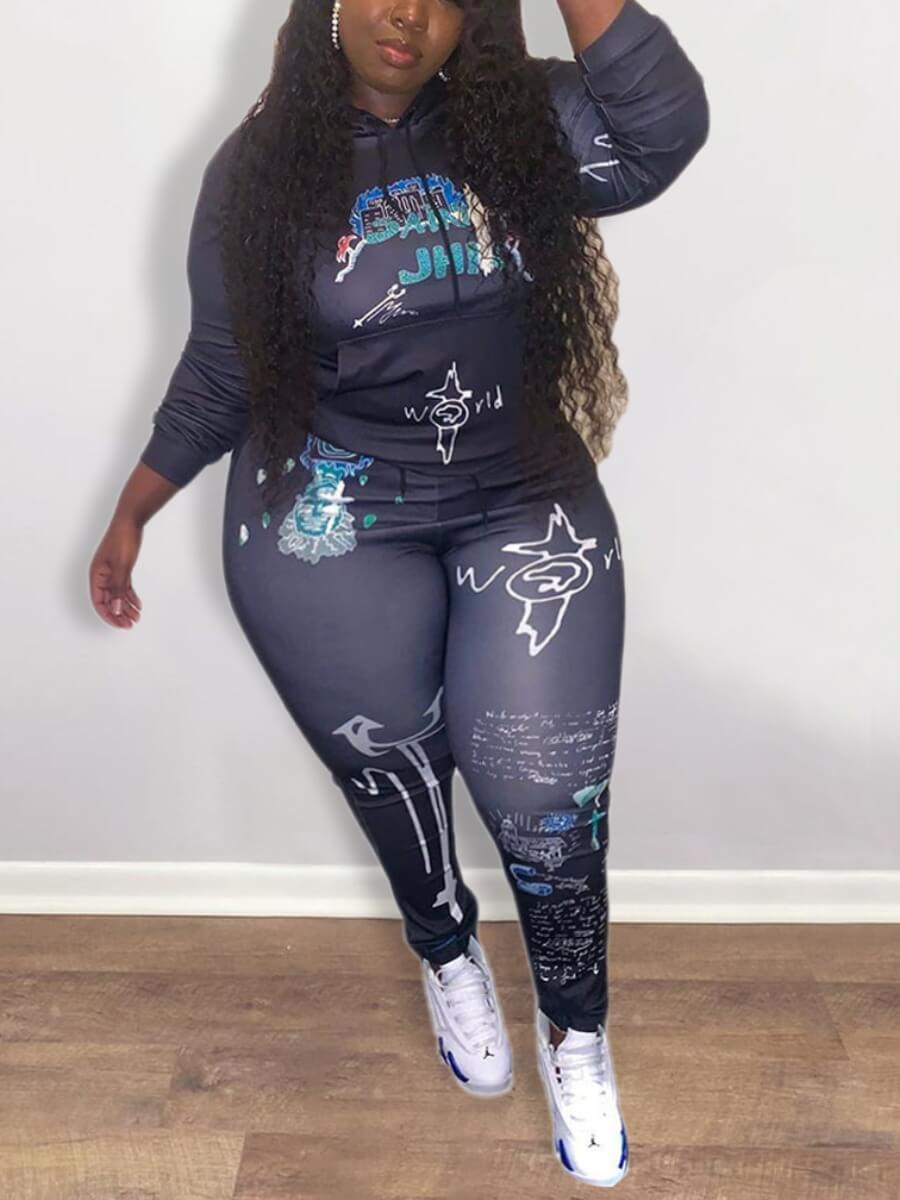 

Lovely Stylish Hooded Collar Long Sleeve Print Black Plus Size Two-piece Pants Set