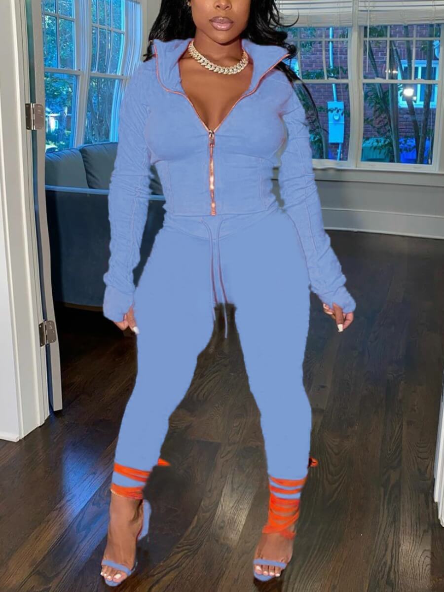 

Lovely Sportswear Turndown Collar Zipper Design Sky Blue Two Piece Pants Set, Skyblue
