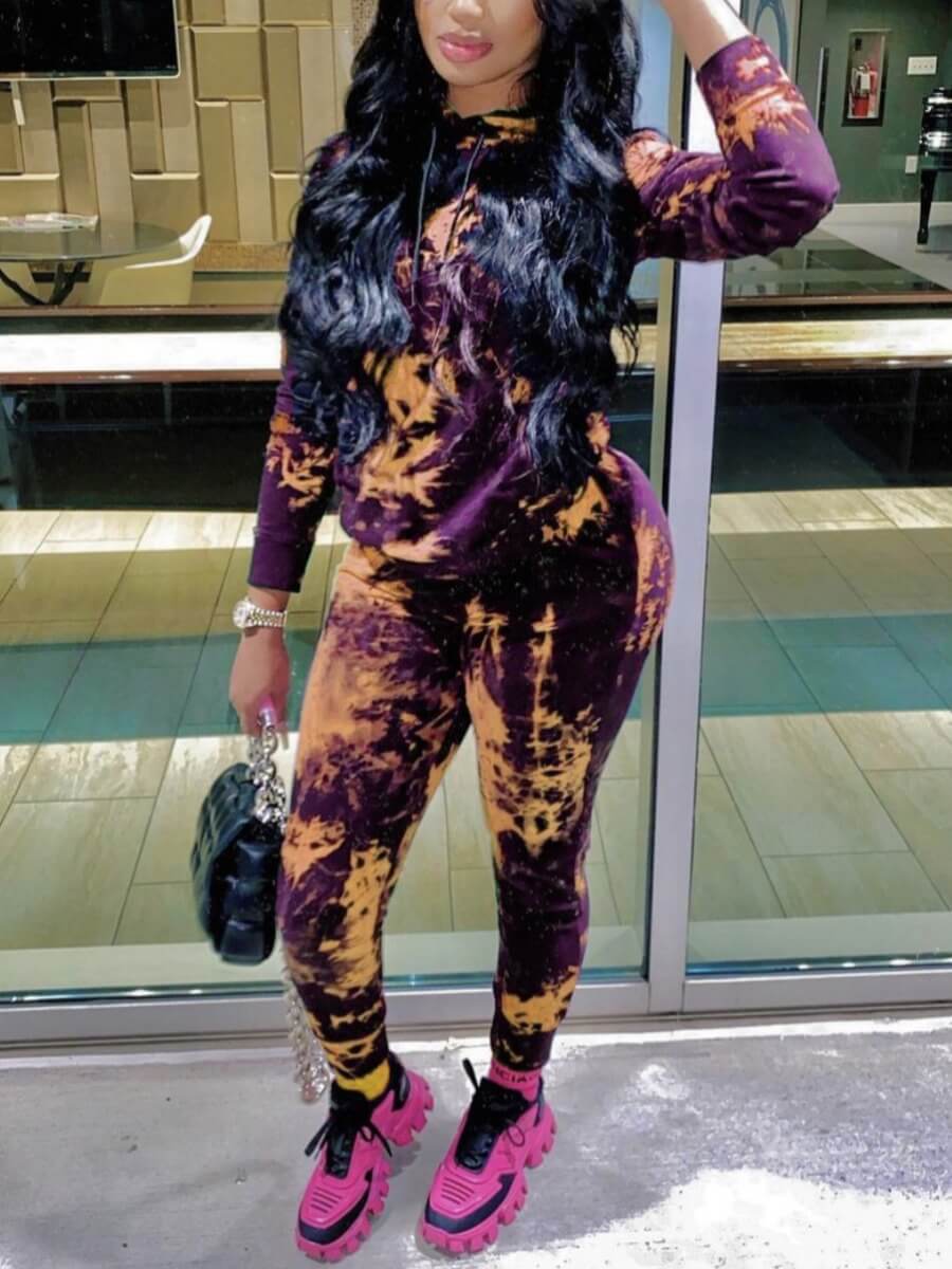 

Lovely Trendy Hooded Collar Tie Dye Yellow Two Piece Pants Set