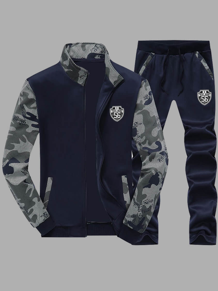 

Lovely Stylish Mandarin Collar Print Patchwork Deep Blue Men Two-piece Pants Set