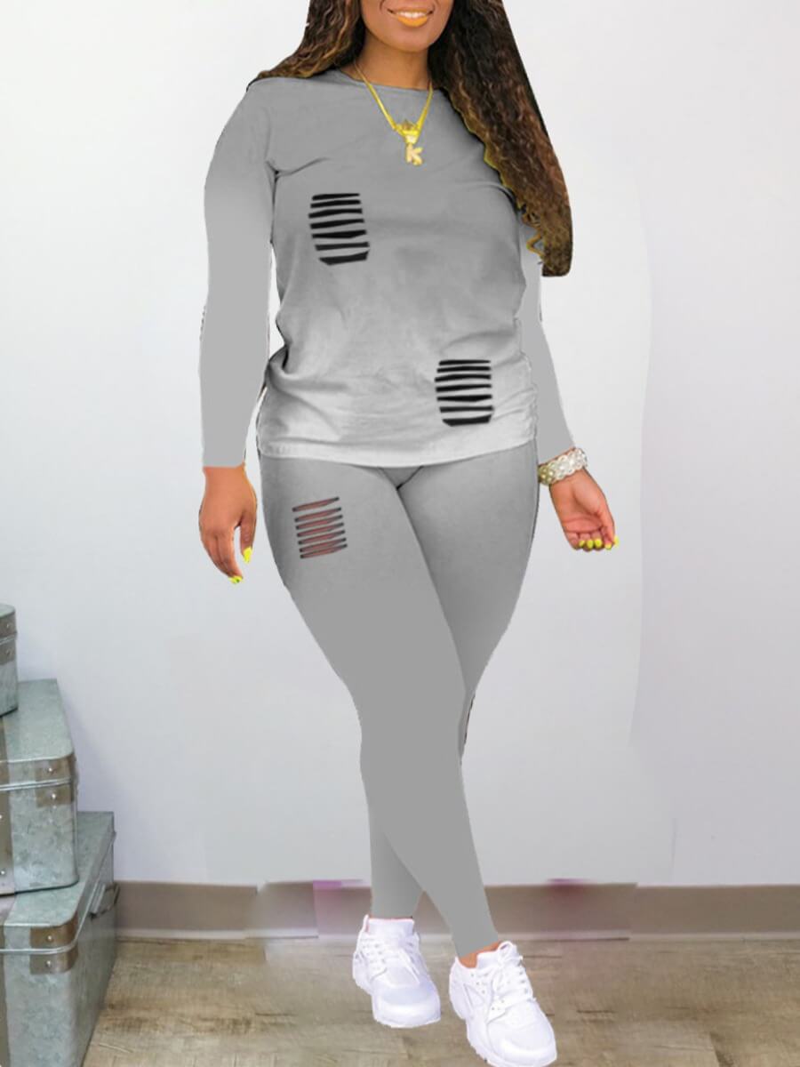 

Lovely Street O Neck Broken Holes Grey Two Piece Pants Set