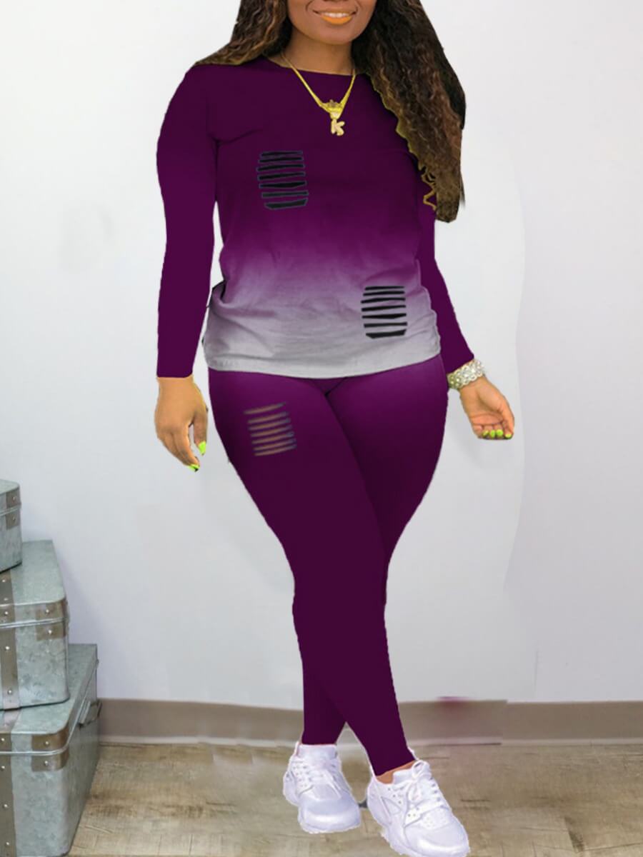 

Lovely Street O Neck Broken Holes Purple Two Piece Pants Set