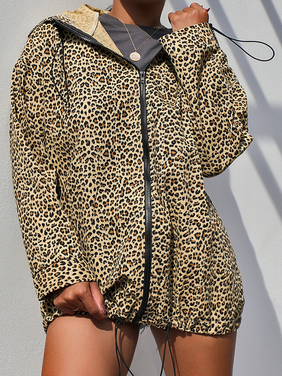

Lovely Stylish Hooded Collar Leopard Print Zipper Design Coat