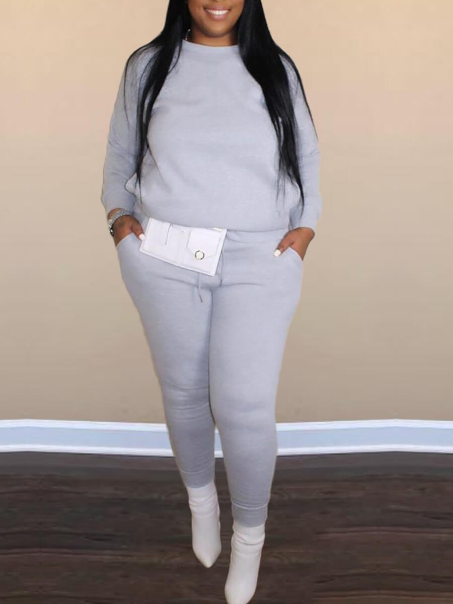 

Lovely Casual O Neck Long Sleeve Grey Plus Size Two-piece Pants Set(Without Bag