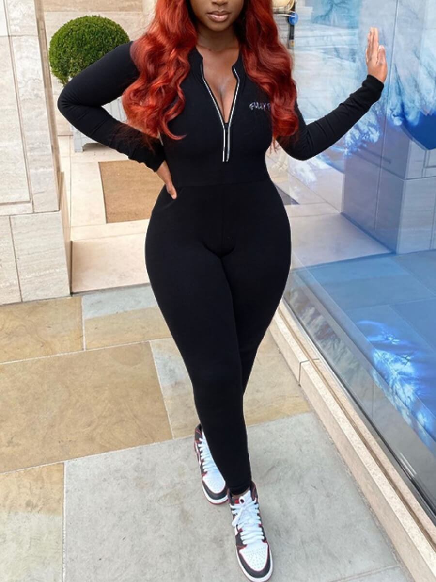 

Lovely Sportswear Conventional Collar Long Sleeve Black One-piece Jumpsuit