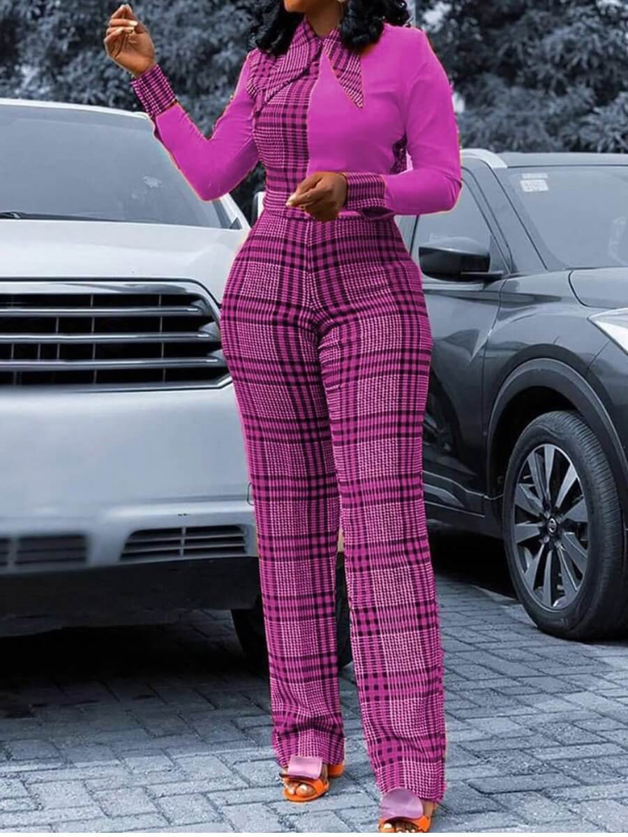 

Lovely Stylish Grid Print Patchwork Rose Red One-piece Jumpsuit