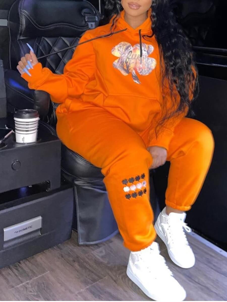 

Lovely Casual Hooded Collar Long Sleeve Print Croci Plus Size Two-piece Pants Set
