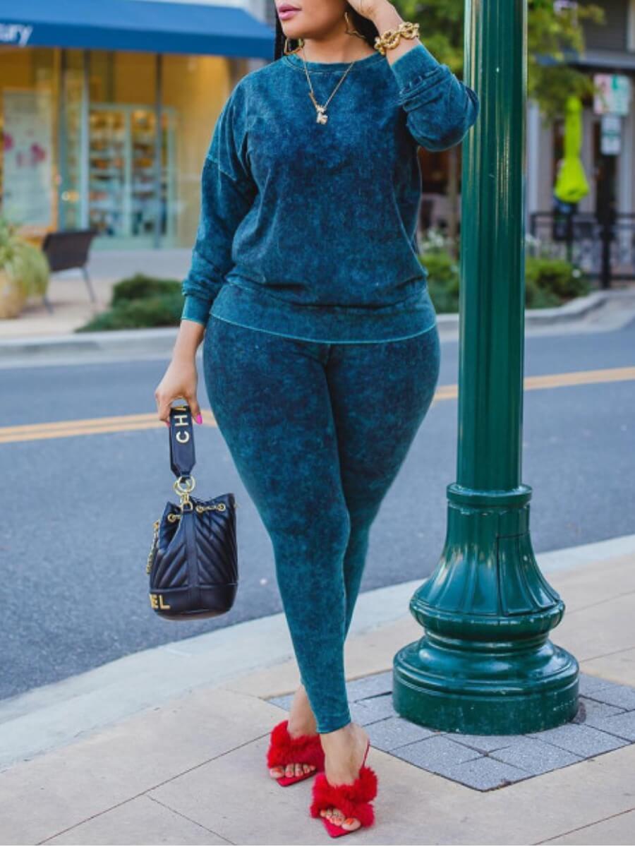 

Lovely Street O Neck Long Sleeve Black Green Plus Size Two-piece Pants Set