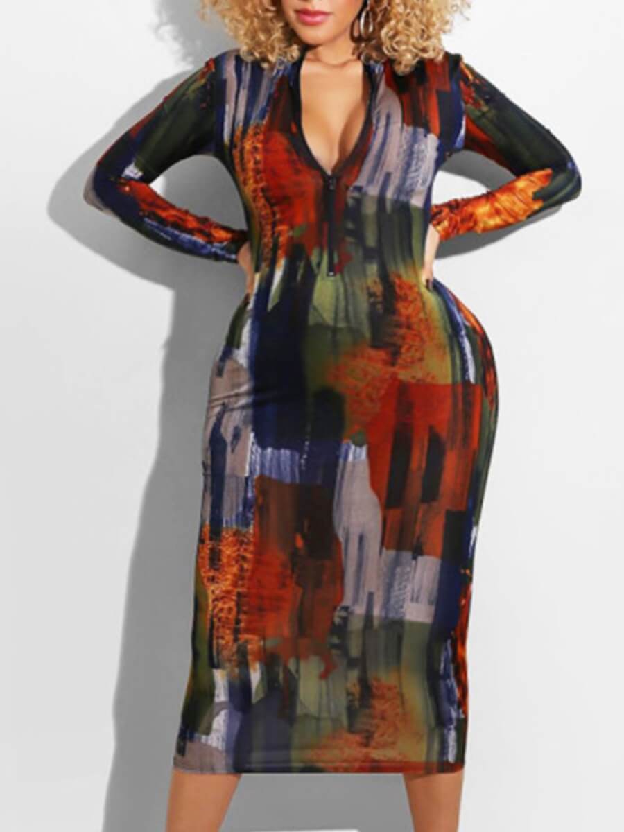 

LW BASICS Plus Size Stylish Print Zipper Design Multicolor Mid Calf Dress, Multi