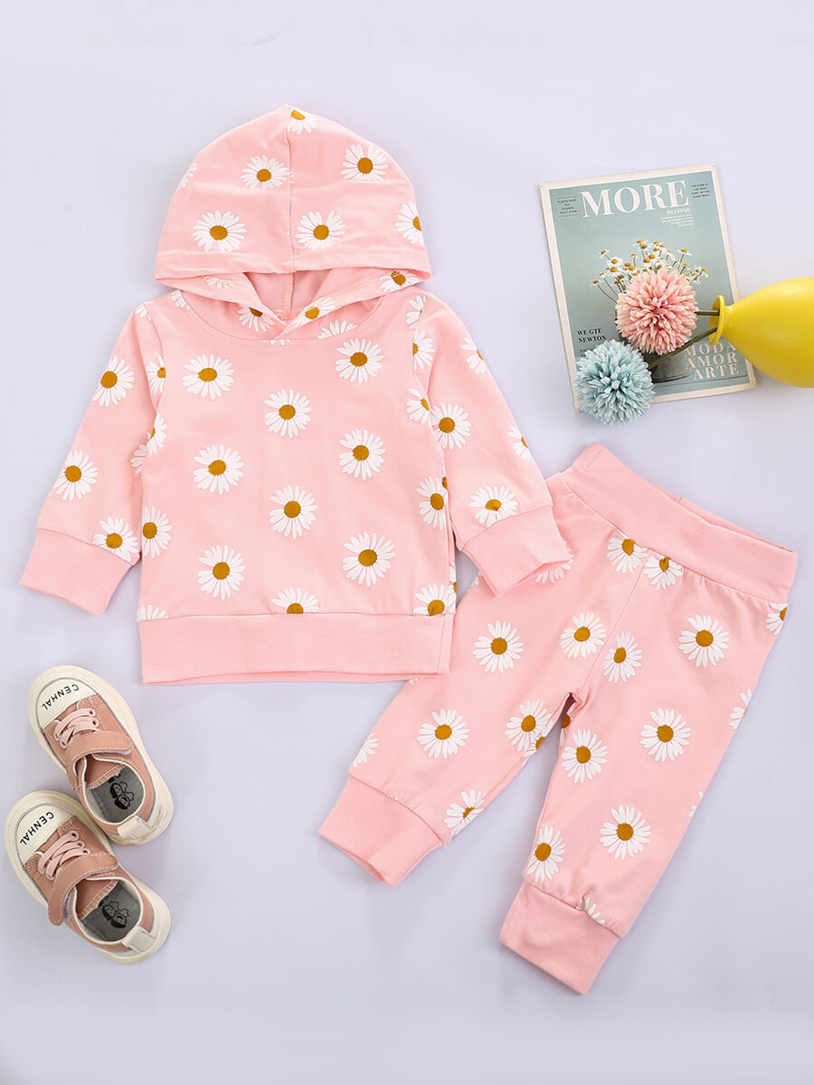 

Lovely Casual Hooded Collar Floral Print Pink Girl Two-piece Pants Set