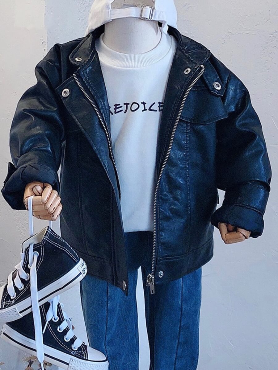 

Lovely Street Mandarin Collar Zipper Design Black Boy Leather