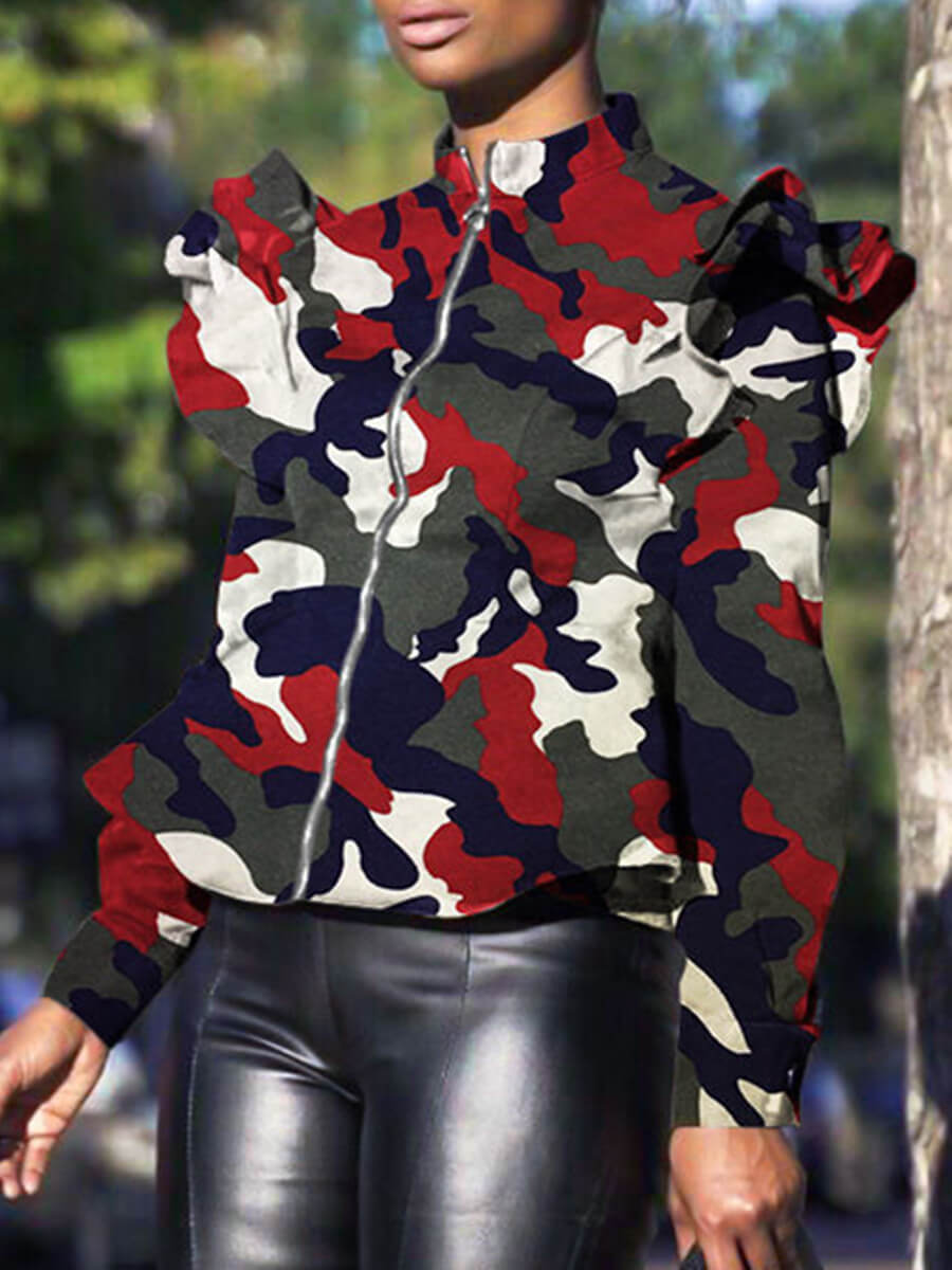 

Lovely Stylish Camo Print Flounce Design Wine Red Coat