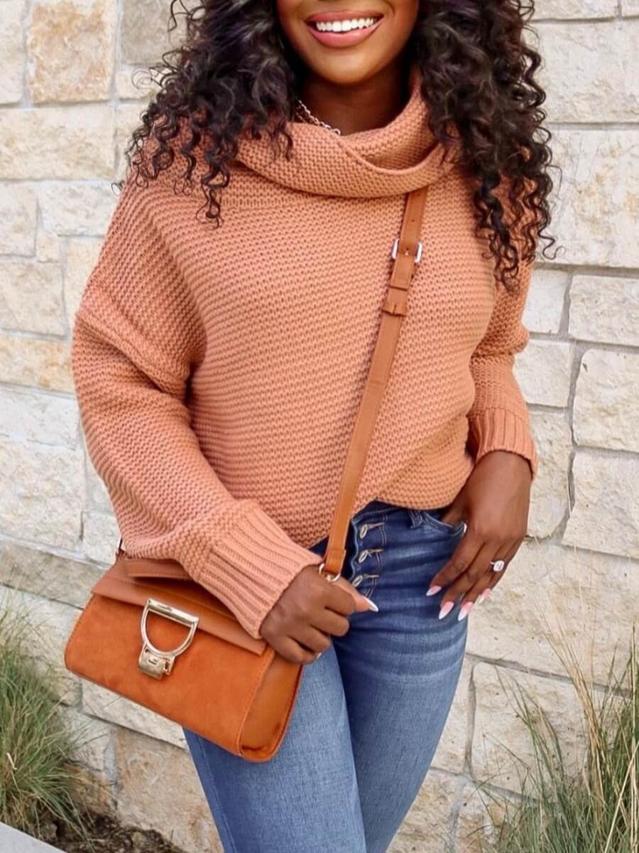 

Lovely Stylish Turtleneck Dropped Shoulder Long Sleeve Khaki Sweater