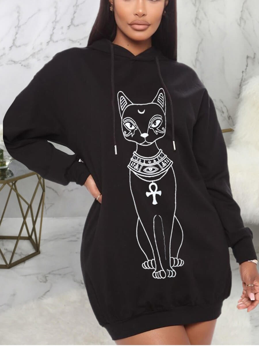 

Lovely Casual Hooded Collar Dropped Shoulder Cat Print Black Mini Dress