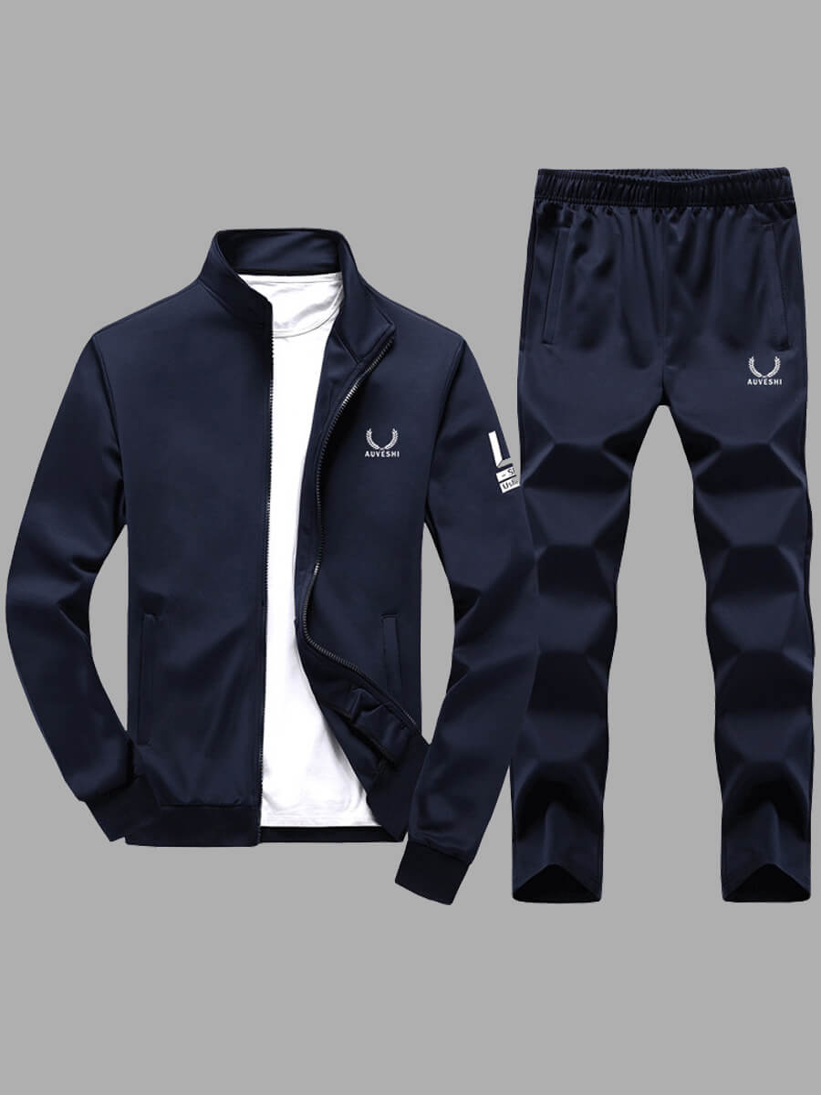 

Lovely Trendy Mandarin Collar Print Zipper Design Dark Blue Men Two-piece Pants Set