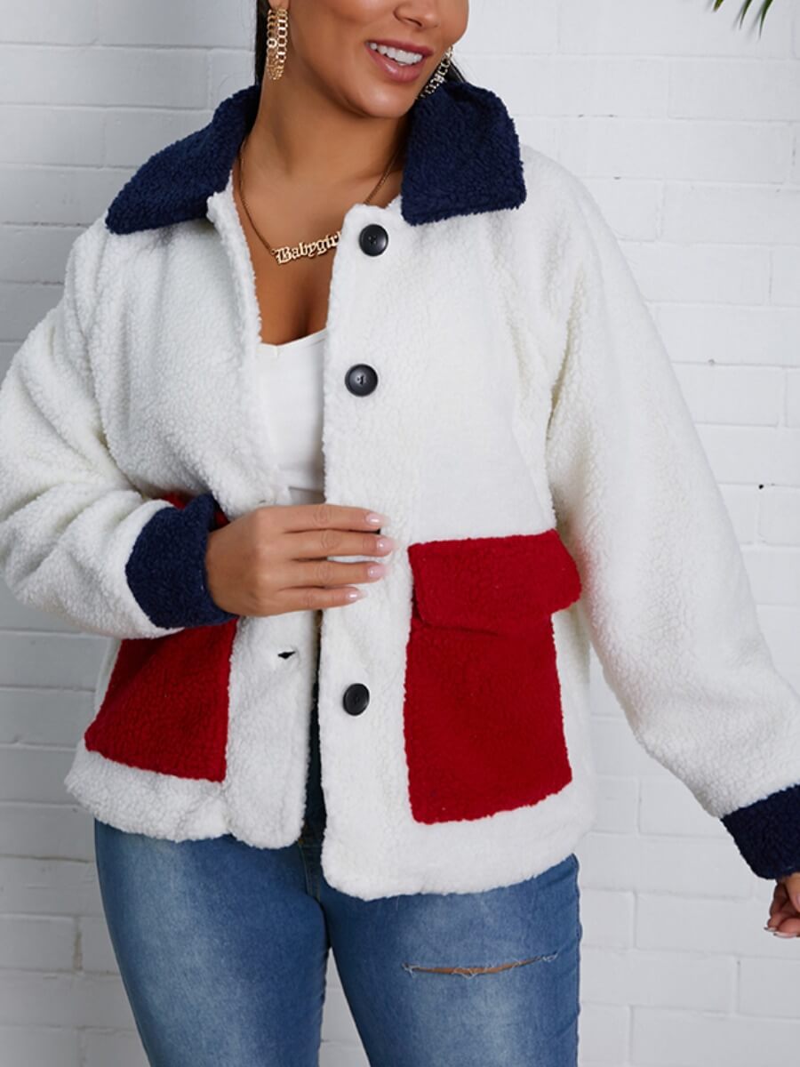 

Lovely Trendy Turndown Collar Pocket Patched White Faux Fur