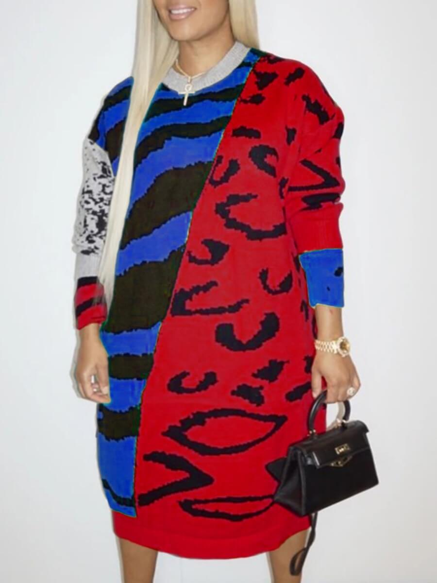 

Lovely Street O Neck Print Patchwork Red Mid Calf Plus Size Dress