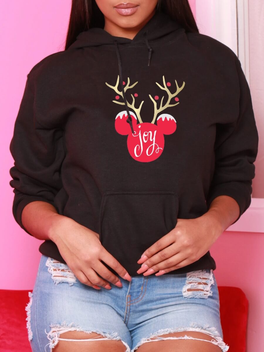 

Lovely Casual Hooded Collar Print Black Hoodie