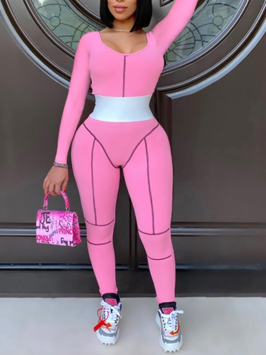 

Lovely Sportswear U Neck Patchwork Pink One-piece Jumpsuit