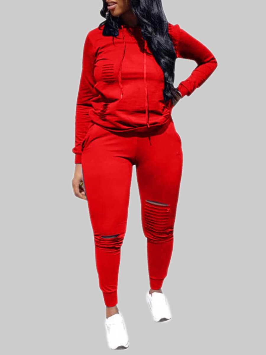 

Lovely Sportswear Hooded Collar Hollow-out Red Plus Size Two-piece Pants Set