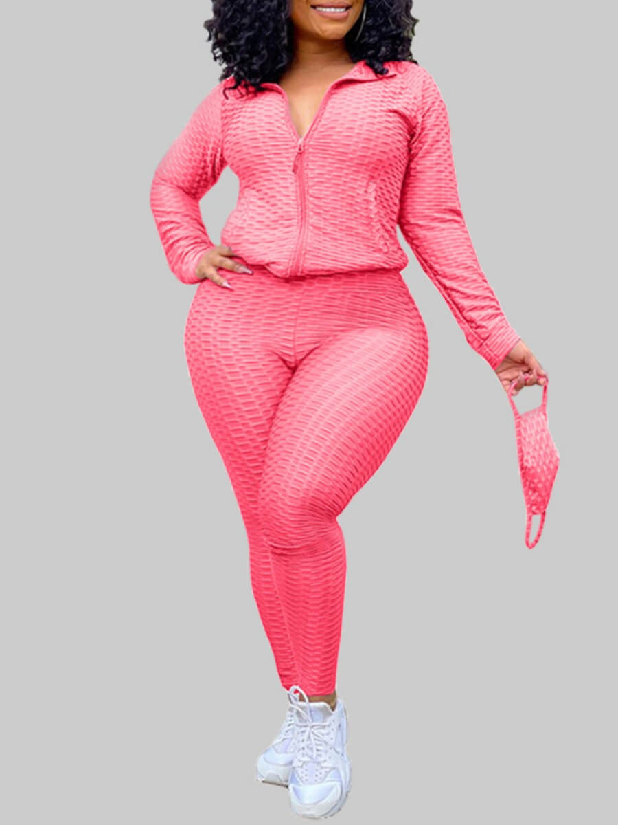 

Lovely Casual Turndown Collar Zipper Design Rose Red Plus Size Two-piece Pants Set