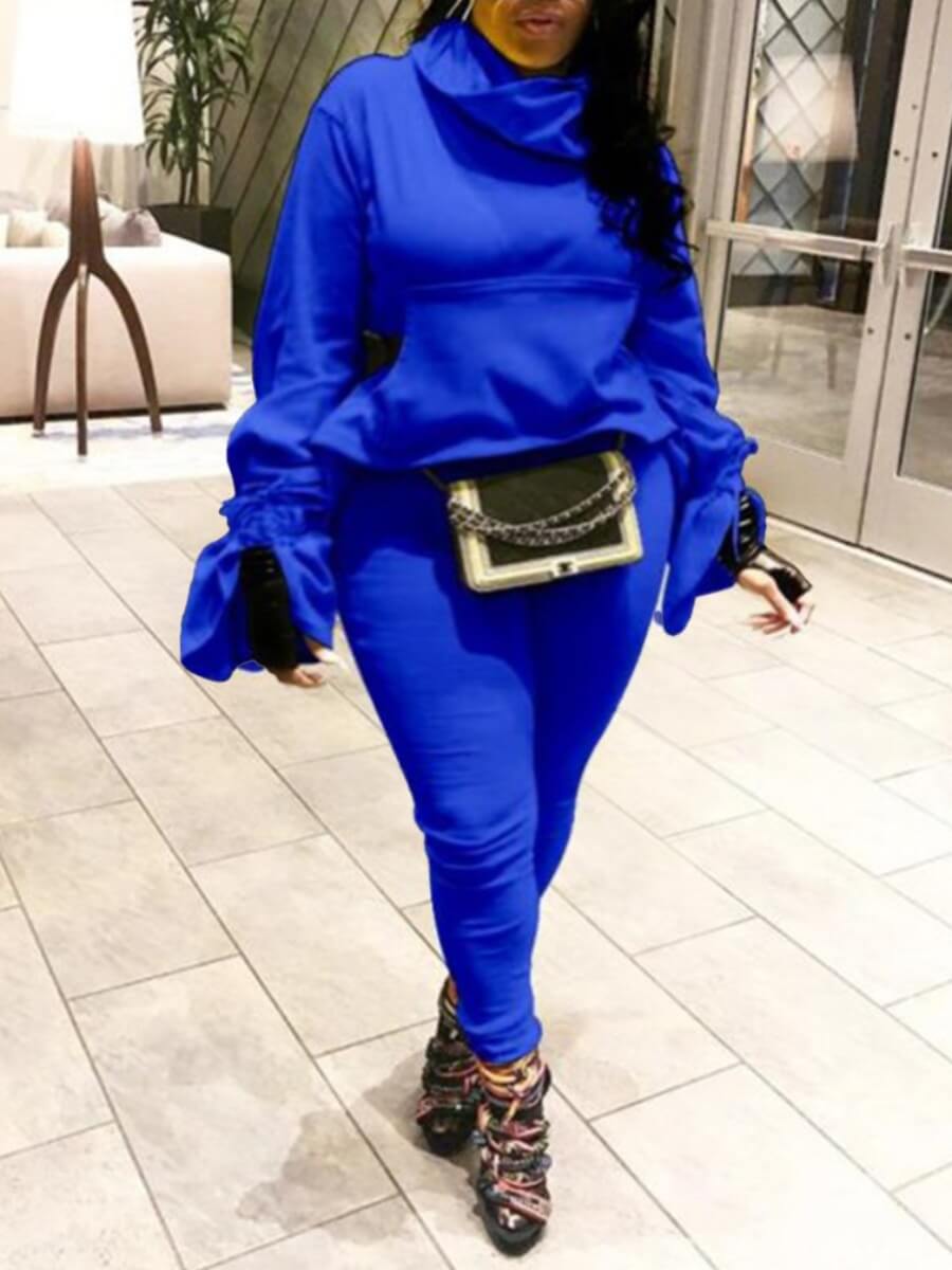 

Lovely Trendy Turtleneck Fold Design Blue Plus Size Two-piece Pants Set