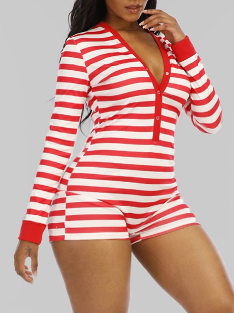 

Lovely Sexy V Neck Striped Red Plus Size One-piece Romper