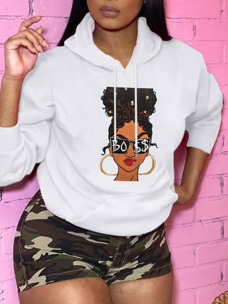 

Lovely Casual Hooded Collar Print White Hoodie