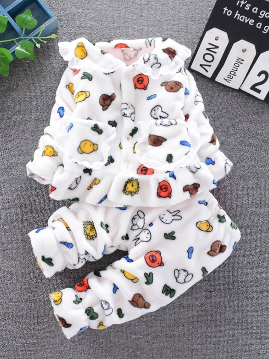 

Lovely Casual Turndown Collar Cartoon Print White Girl Two-piece Pants Set