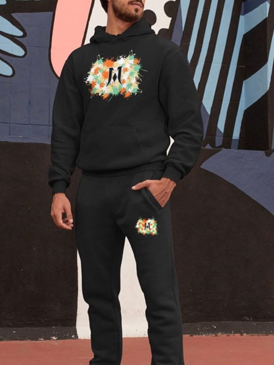 

Lovely Casual Hooded Collar Print Black Men Two-piece Pants Set