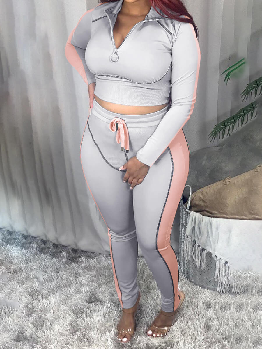 

Lovely Casual Turndown Collar Patchwork Light Grey Two Piece Pants Set