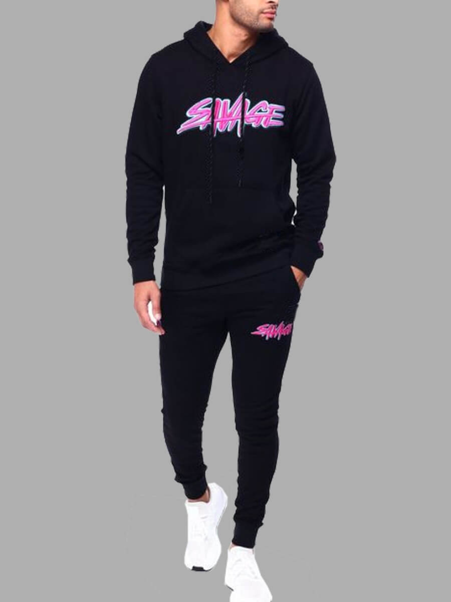 

Lovely Casual Hooded Collar Letter Print Men Two-piece Pants Set, Black
